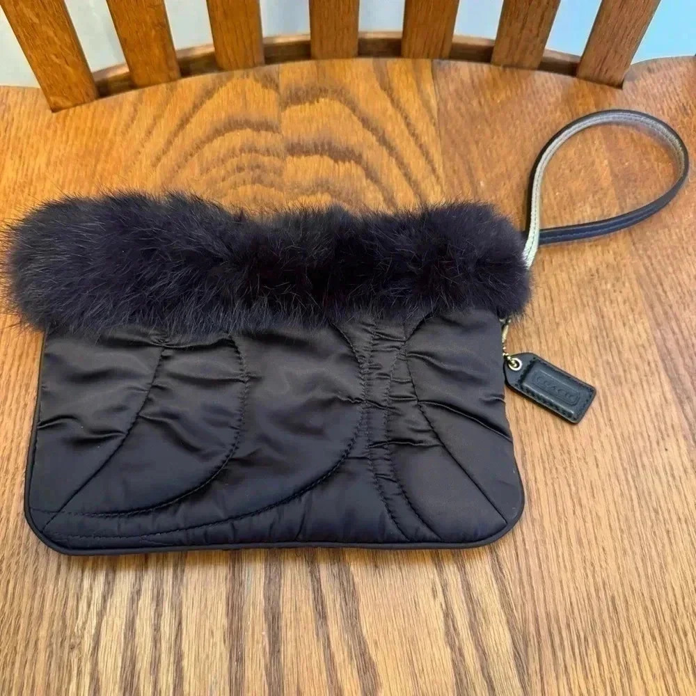 Coach Soho Ski, Satin, Wristlet With Rabbit Fur,  Brown, 7” W X 5” H - Picture 7 of 7